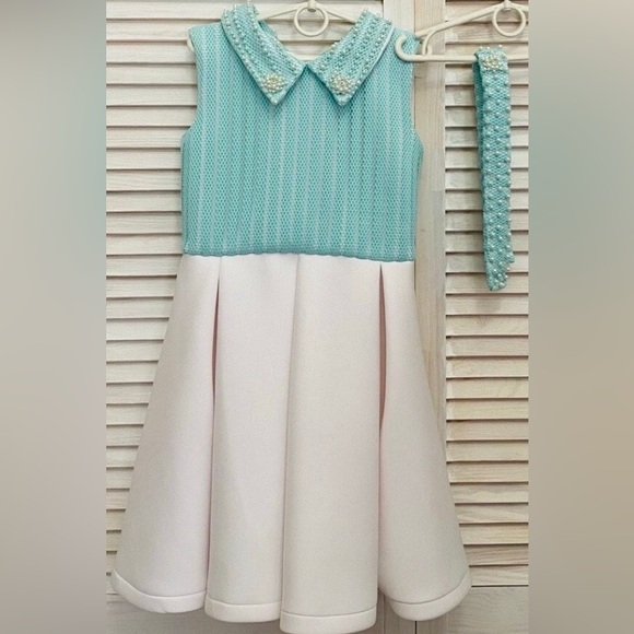 COPY - Custom Mint and White Laced Dress with Pearls - Picture 1 of 5